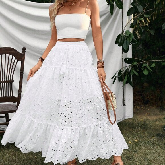 White Boho Women's Ruffle Design Hollow White Skirt